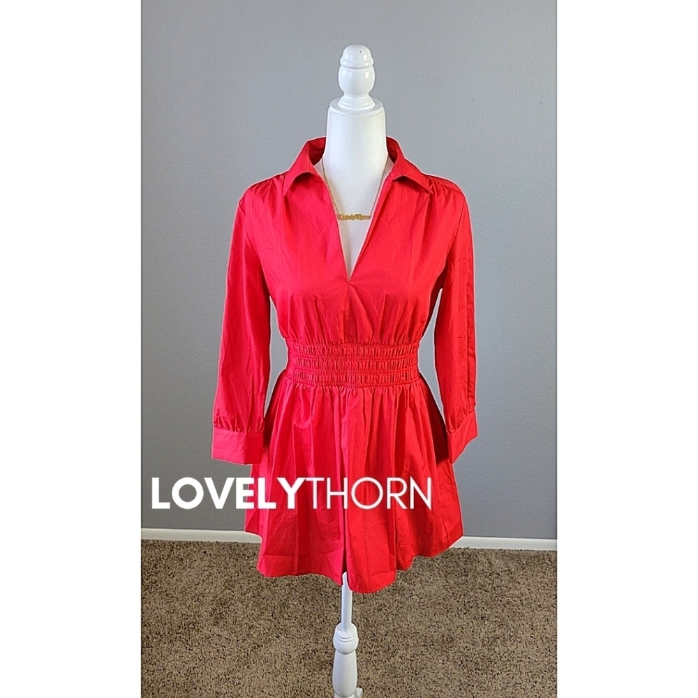 ZARA // retro-chic red poplin collar smock waist long sleeve plunge mini dress - Picture 2 of 16